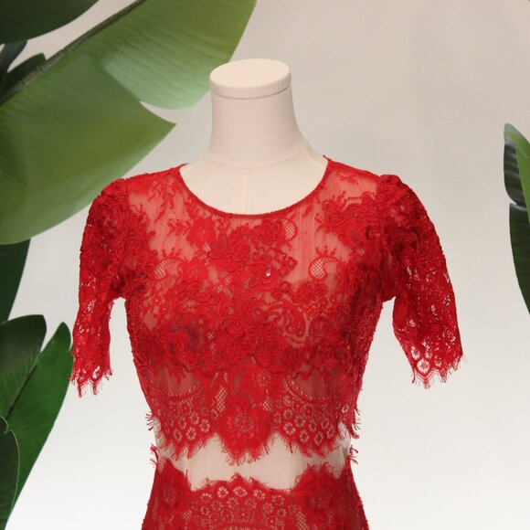 Marchessa Notte Red Diane Dress, Red Beaded Lace, Size 0 - Picture 6 of 15